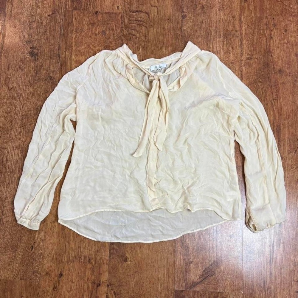 Parker 100% Silk Tan Yellow Tie Neck Button Down Blouse XS P5I2639GE
